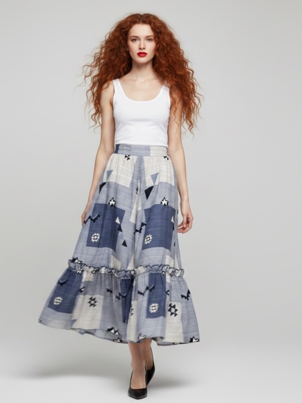 Vintage Southwestern Tiered Blue Cream Geometric Boho Maxi Skirt Size M